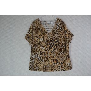 Alfred Dunner Women's XL Brown Animal Print Short Sleeve Ruffled Tiered Blouse